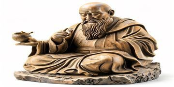 草灯和尚木雕作品——精细木雕呈现草灯和尚侧面坐像，木纹自然流淌如衣褶，手持草灯神态安详，底座刻有禅意铭文