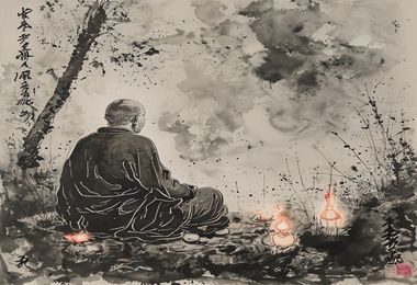 草灯和尚水墨画——禅意水墨风格的草灯和尚席地而坐，周围环绕着野草与点点烛火，笔触简洁意境深远